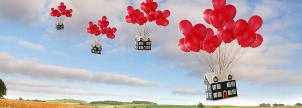 Huizen die vast zitten aan ballonnen en over een bloemenveld vliegen