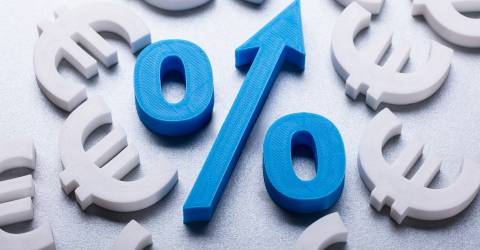 Meerdere eurotekens welke een blauw percentage symbool omcirkelen